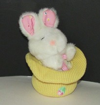 white plush BUNNY RABBIT  in yellow thermal waffle weave hat Easter gingham bow - $9.89