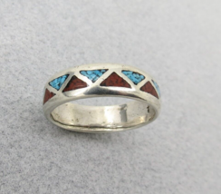 Men&#39;s Turquoise Coral Chip Navajo Ring Size 11.75 Sterling Silver 5.86 Grams Vtg - £54.57 GBP