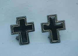 Vintage Style Pair of Black Enamel Cross on Silver Tone Pierced Earrings box c - £19.75 GBP