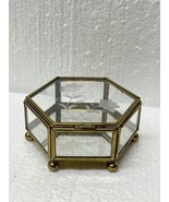 Vintage Etched Blue Paneled Glass and Footed Hexagon Brass Trinket Jewel... - $19.79