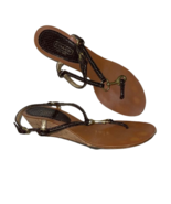 COACH T-Strap 9 B thong sandals shoes wedges horse bit leather cork brown  - $60.13 CAD
