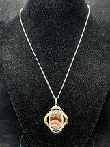 Vintage Silver Tone Curb Chain Necklace W/Orange And White Quartz Pendant (3633) - £12.17 GBP