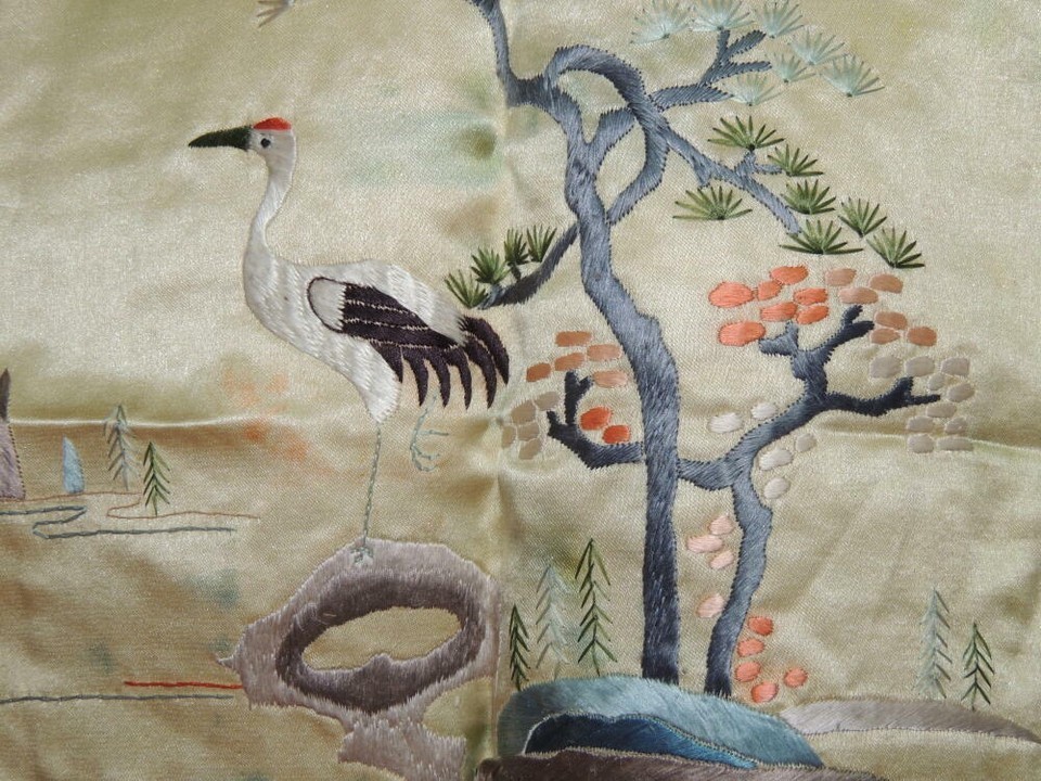Chinese Silk Embroidery 12" Panel Tapestry Brocade Frame crane Vintage / Antique Item image 6