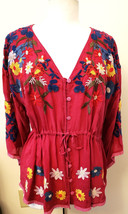 Johnny Was Embroidered Blouse Sz.XL Rumba Red with Multicolor Floral - $189.98