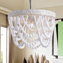 3-Light Wood Bead Chandelier, Boho Light Fixture With Engraving Pattern, - £61.00 GBP
