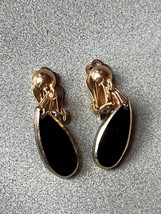 Vintage Black Glass Teardrop w Goldtone Rim Dangle Clip Earrings – 1 and 3/8th’s - $13.09