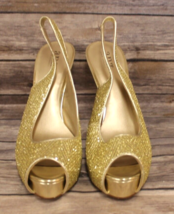 Ana Nora Platino Gold Slingback Heels Size 10M Glitter Peep Toe  023-5745 - £14.75 GBP