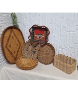 Vintage Wooden Bamboo Rattan Basket Tray Lot (6) – Wicker Boho Rustic De... - $119.49 CAD