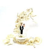Vintage Wedding Cake White Topper Chalkware MCM Flowers Bride Groom Bell... - $42.00