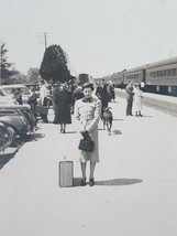 Vtg Train Depot Well Dressed Woman Hat Luggage Great Dane Cars Photo 1940&#39;s - £7.69 GBP