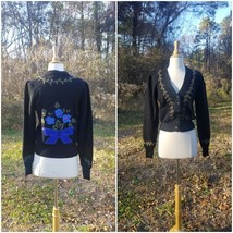 Vintage does 40-50s J.Christopher wool cardigan blue floral bow embroide... - $64.35