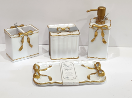 4pc Coquette Bow Gold White Cotton Ball Toothbrush Soap Lotion Holder Tray - $89.99