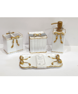 4pc Coquette Bow Gold White Cotton Ball Toothbrush Soap Lotion Holder Tray - $124.61 CAD