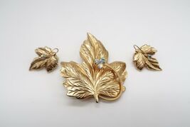 Vtg gold tone leaf brooch &amp; clip on earring set w/ AB rhinestone accents - $19.99