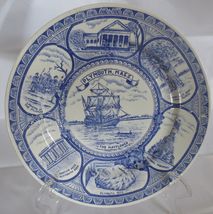 Vtg Plymouth Massachusetts Mayflower Pilgrim Plymouth Rock Blue &amp; White Plate  - £15.62 GBP