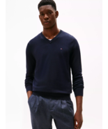 Tommy Hilfiger Sz L Blue Navy Solid Logo V Neck Sweater Pullover Stretch - €15,57 EUR
