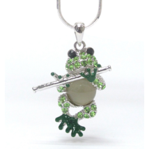 Cute Green Crystal St. Patricks Day Flute Playing Frog Pendant Necklace - £11.22 GBP