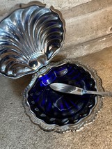 Vintage French Oyster Shell Butter Caviar Dish With Cobalt Blue Glass In... - $83.30