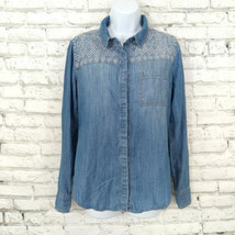 Staring At Stars Button Up Shirt Womens Small Blue Denim Chambray Embroidered - £19.97 GBP