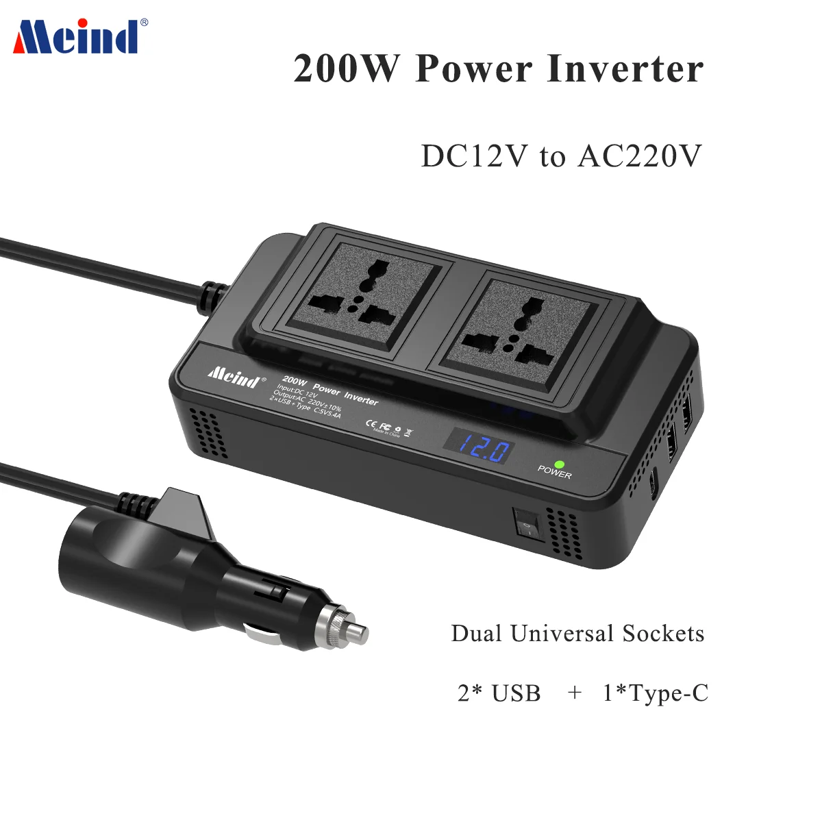 Meind 200W Car Inverter with 2 AC Outlets 3 USB Ports DC 12V to AC 220V Power  - £32.35 GBP