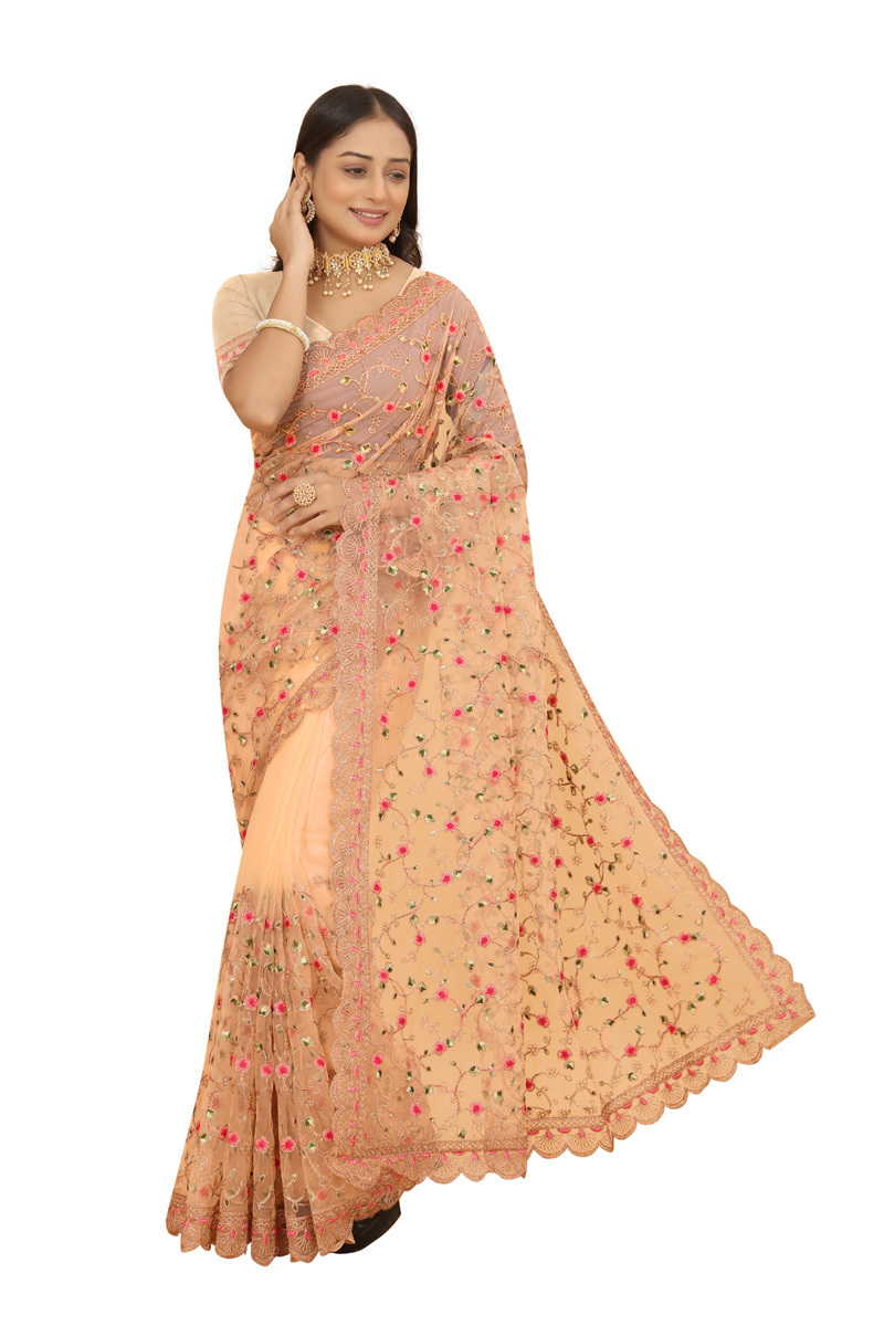Primary image for Designer Peach Heavy Thread Embroidery Work Sari Heavy Net Party Wear Saree