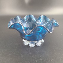 Vintage Blue Glass Blown Handkerchief Bowl 8 Clear Feet 6 Inch - $23.33