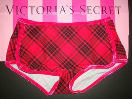 Victoria&#39;s Secret &quot;Pink&quot; Velvet Trim Shortie Boyshort Panty Red Black Plaid Sz S - £10.11 GBP