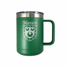 Manion Irish Coat of Arms Stainless Steel Green Travel Mug with Handle - $27.43