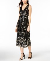 SLNY Womens Belted Embroidered Mesh Midi Dress Size 16 Color Black - £69.04 GBP
