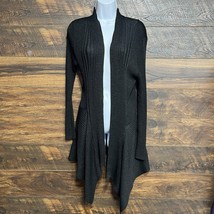 Ava L Black/Silver Metallic Open Sweater Cardigan Ribbed Knit Asymmetric... - $16.15