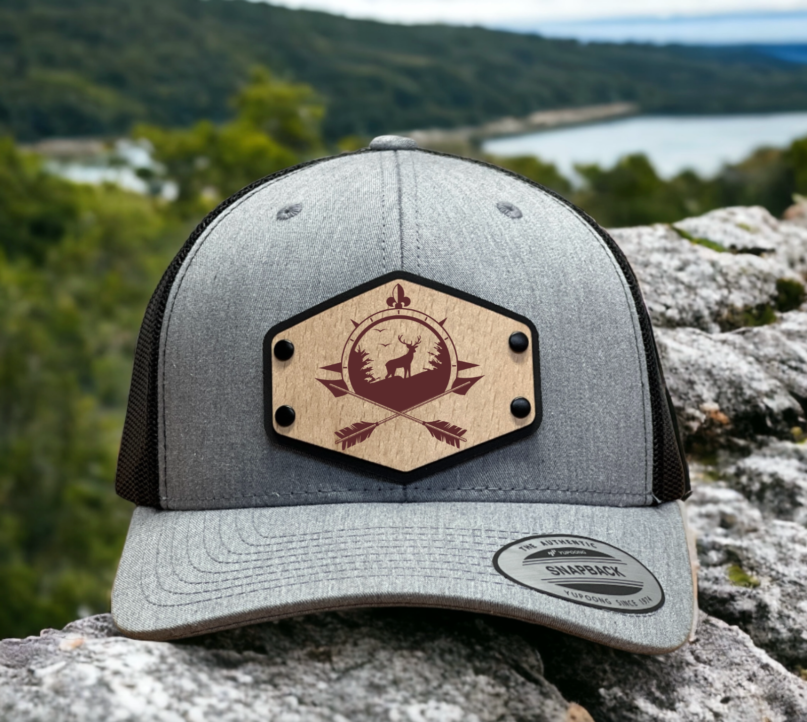 Hunting Deer Target Arrows  Trucker Hat Cap with Wood Leather Patch - $27.99