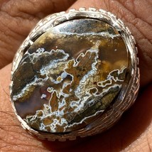 Big 925 sterling Silver mens ring Natural Yemen Agate Aqeeq خاتم عقيق خرائطي - £73.95 GBP
