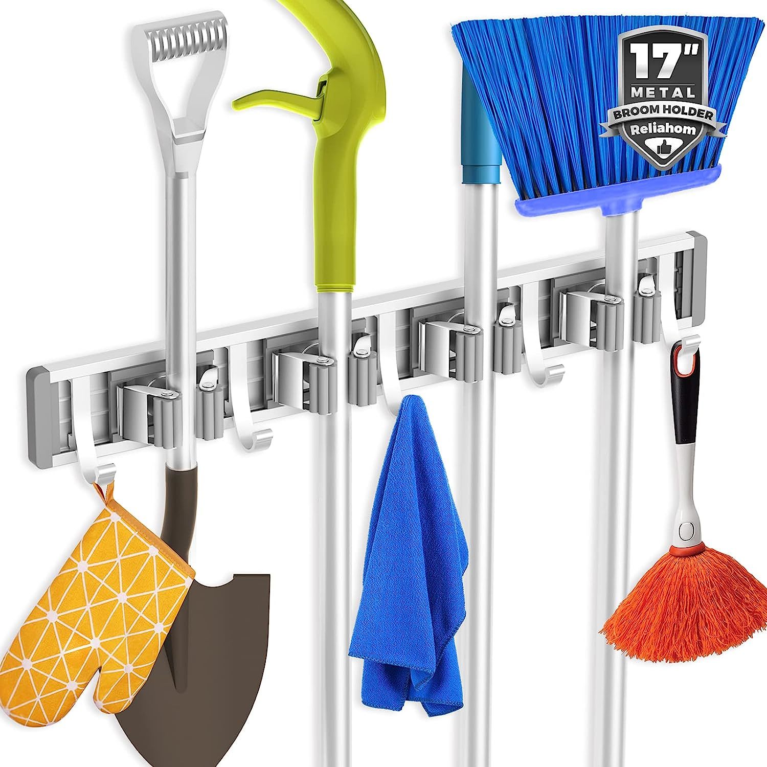 Broom Holder Mop Hanger Wall Mount Metal, 4 Racks With 5 Hooks, Silver - $38.97