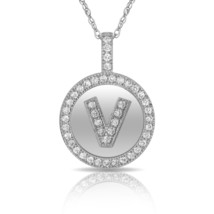 14K Solid White Gold Round Circle Initial &quot;V&quot; Letter Charm Pendant &amp; Nec... - £35.60 GBP+