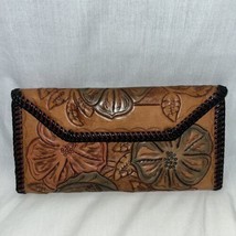 Western Style Tooled Saddle Brown Leather Wallet Clutch Fold Over Carved Flowers - £28.14 GBP