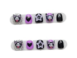 Child nails Gothic Kawaii Kuromi Press-On Nails – 3D Star &amp; Heart Charm ... - $32.12 CAD