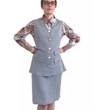70s Vest Skirt and Blouse Vintage Teacher Librarian Outfit Gray Mod S - £31.46 GBP