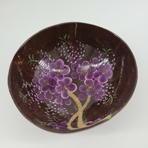 Hand Painted Coconut Shell Bowl 5.25&quot; Diameter Purple Flowers - $6.95