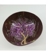 Hand Painted Coconut Shell Bowl 5.25&quot; Diameter Purple Flowers - $6.95