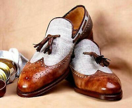 Handmade Men&#39;s Leather and Tweed Tassel Loafers Custom Made Fashion Shoes-518 - £167.82 GBP
