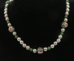 925 Sterling Silver - Vintage Jade &amp; Enamel Floral Beaded Chain Necklace- NE3489 - £106.45 GBP