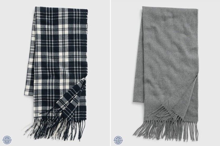 New Gap Men Cozy Scarf Charcoal Gray Navy Plaid Fringe One Size Recycled - $19.99