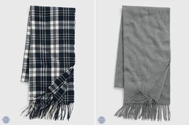 New Gap Men Cozy Scarf Charcoal Gray Navy Plaid Fringe One Size Recycled - £15.81 GBP