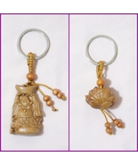 Hand‑Carved Peach Wood Keychain – Laughing Buddha Lotus Flower Pendant U... - $14.99