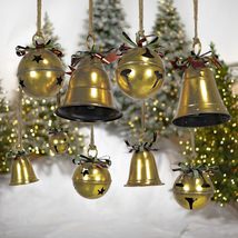 Set of 9 Assorted Antique Finish Oversized Hanging Metal Christmas Bells (Antiqu - £265.96 GBP