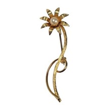 Gold Tone Flower Brooch Faux Pearl Daisy Pin Long Skinny Floral Vintage  - $8.56