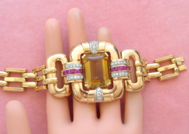 VINTAGE RETRO 33ct HUGE TOPAZ 1.24ctw DIAMOND + RUBY 18K STATEMENT BRACE... - £5,459.60 GBP