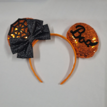 Disney Minnie Mickey Mouse Ears Headband Halloween Boo Sequin Orange Black Web - £31.47 GBP