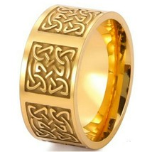 Gold Celtic Knotwork Ring Stainless Steel Norse Viking Wedding Band 10mm - £14.06 GBP
