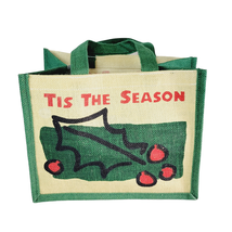 Holiday Burlap Mini Tote Bag Green 11 Inch Gift Giving Christmas Shopping - $14.83